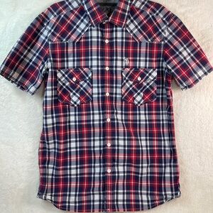 USPA Slim Fit Plaid Button Down Shirt Men’s Medium Red Blue Short Sleeve